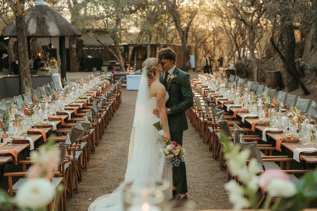 The long reception table at Monaté Game Lodge, Emma and Juan at its head