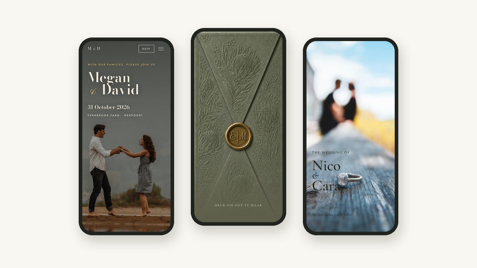 Three custom wedding websites by WedlySite on phones: Megan and David's website with an RSVP button, an Afrikaans website still sealed in its olive envelope with a gold wax seal, and Nico and Cara's website over an engagement ring on a wooden railing