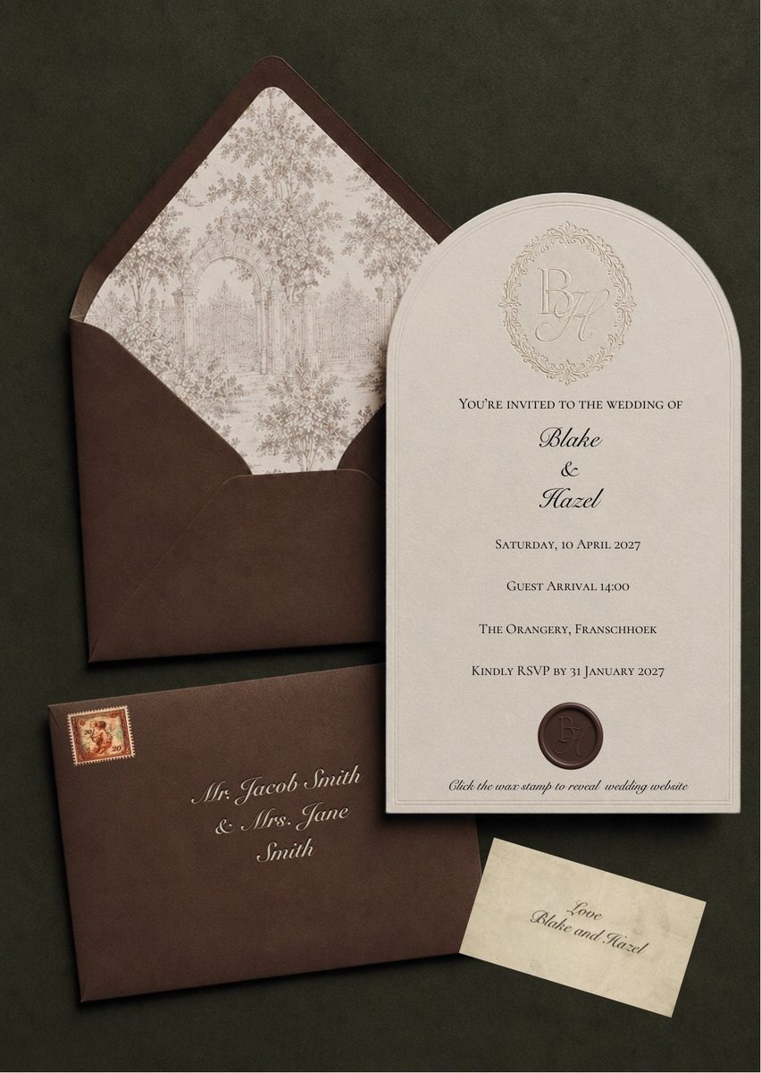 Digital wedding invitation for Blake and Hazel: an arched ivory card with a wax seal and envelopes on a dark table