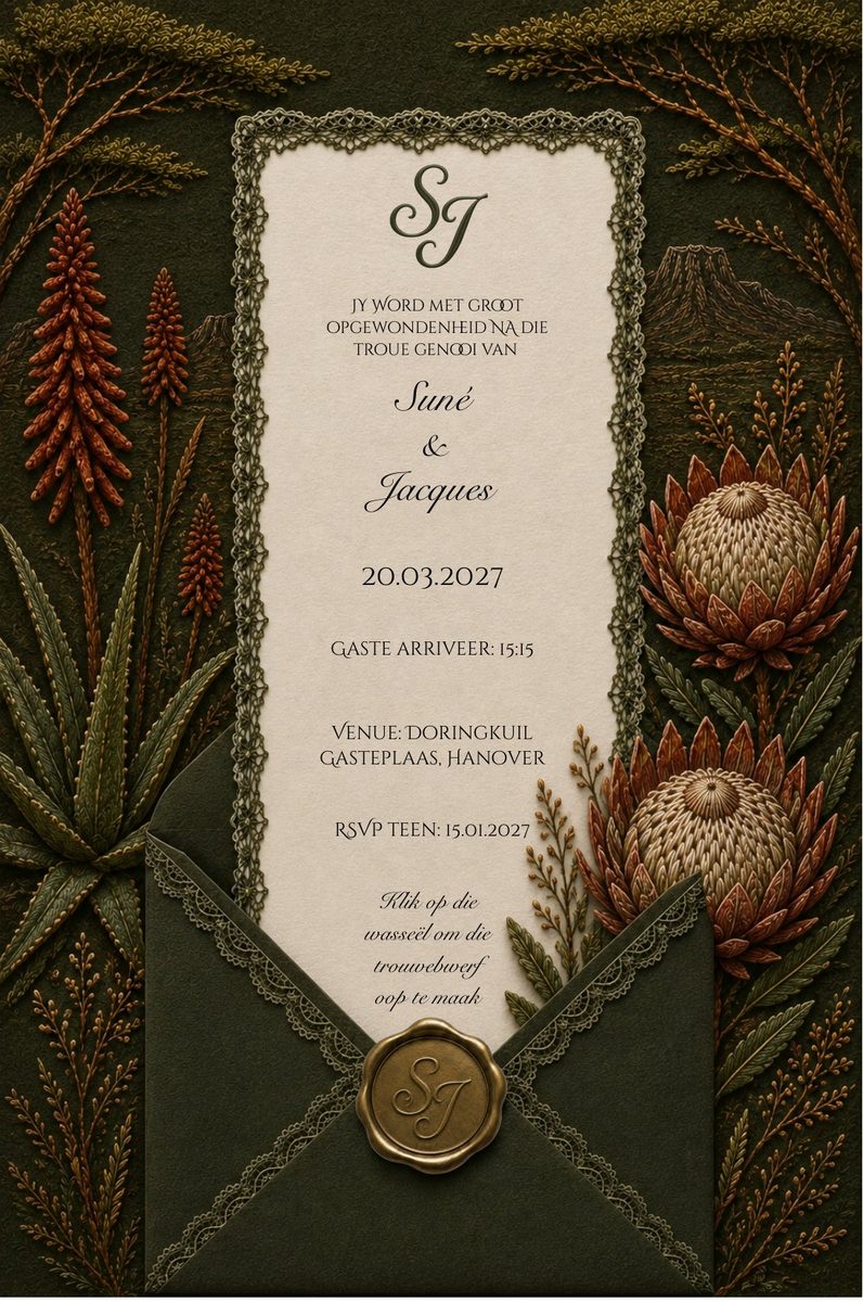 Afrikaans digital wedding invitation for Suné and Jacques, embroidered with Karoo aloes and proteas