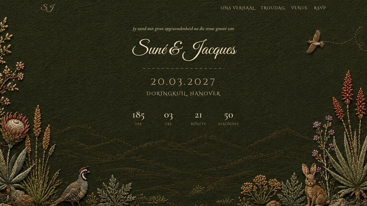Custom Afrikaans wedding website for Suné and Jacques: their names in script over olive linen embroidered with proteas, a quail, a hare, and Karoo hills, with a countdown to the wedding